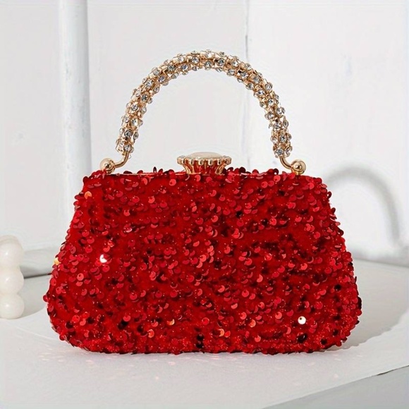 #B005  Red Sequin Evening Bag with Rhinestone Handle Sparkly Glam Party - Picture 1 of 1